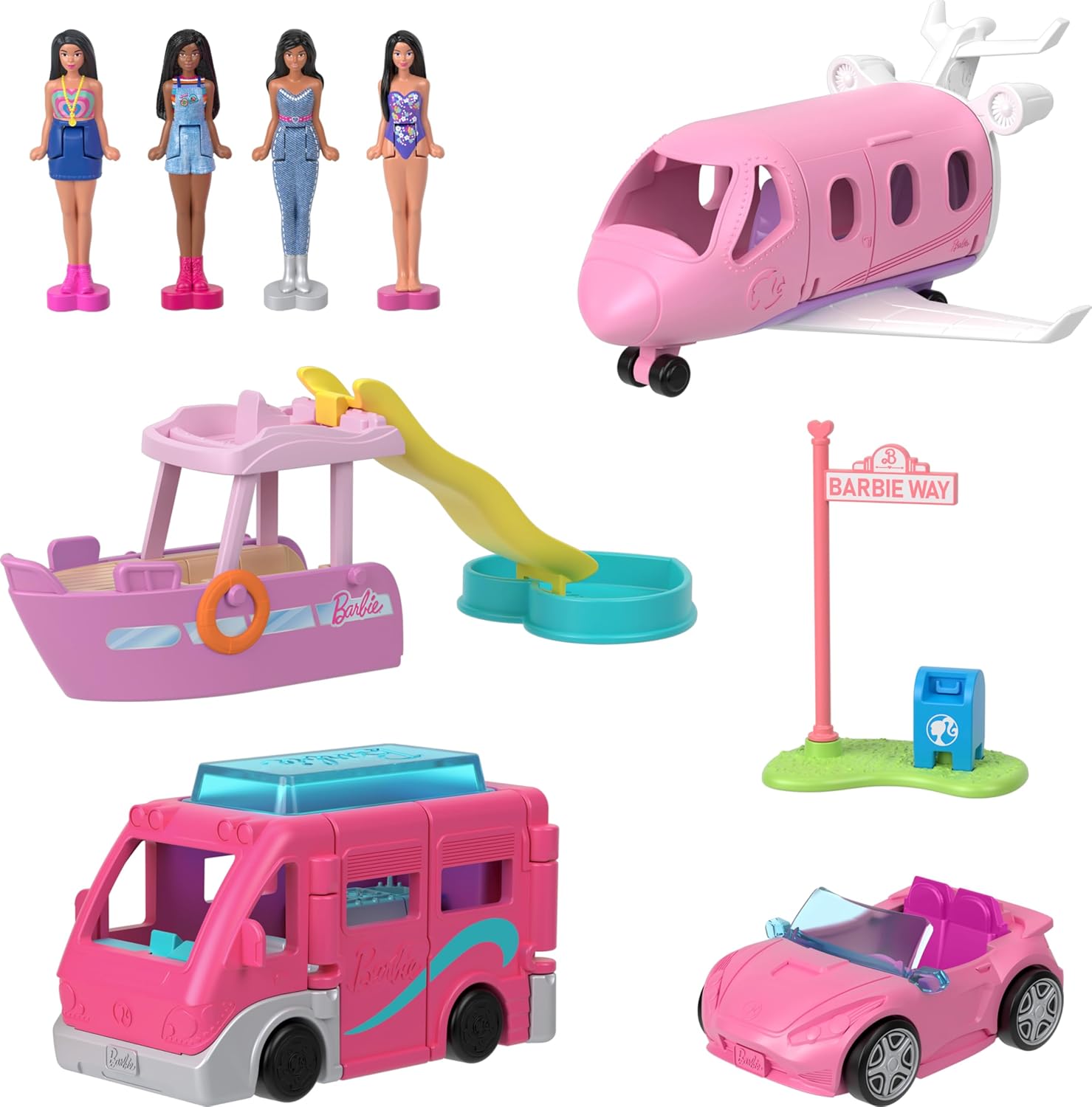 Casa De Muñecas Barbie Mini Con 4 Vehículos Y 4 Muñecas