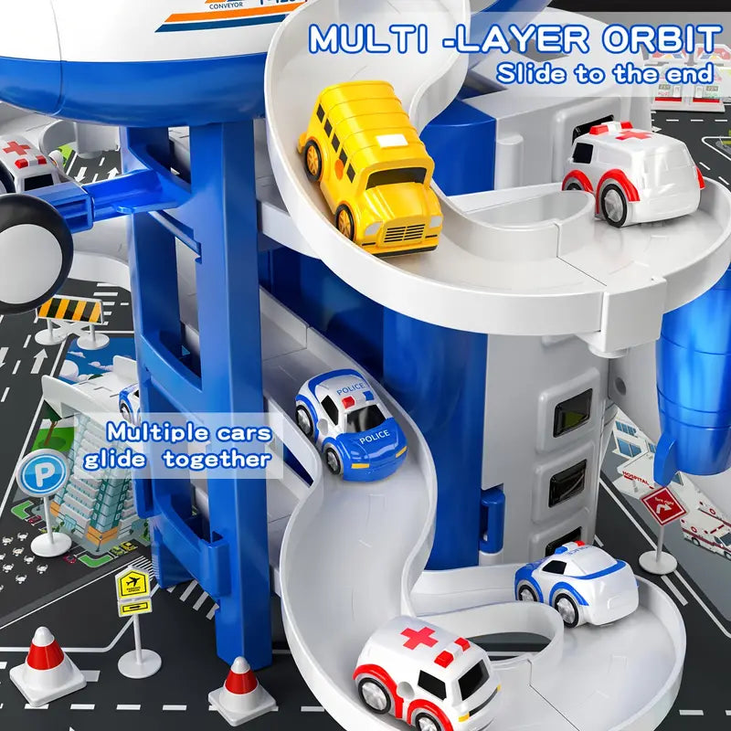 Avión de juguete para niños, plegable pista con carros de fundición a presión