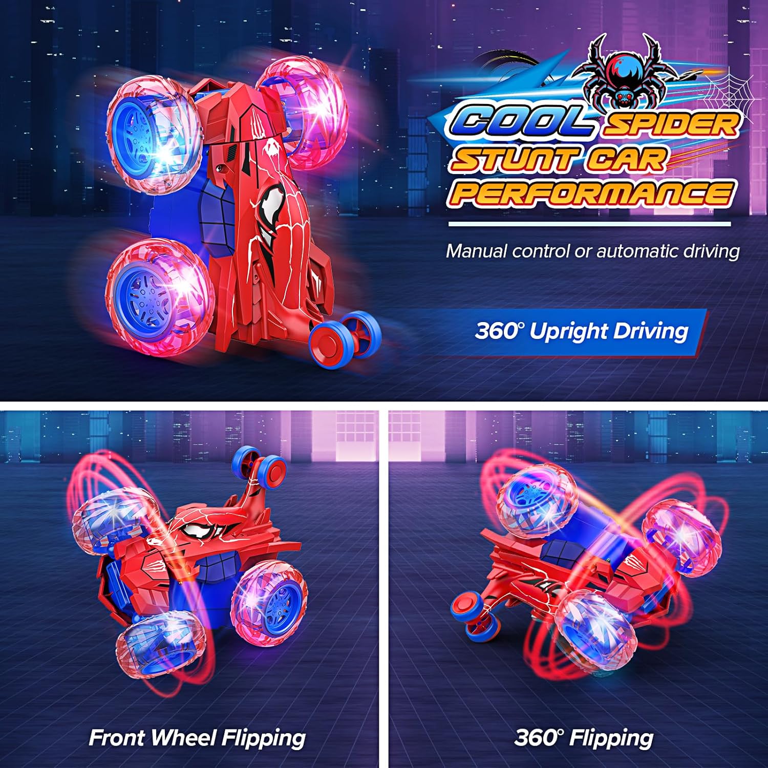 Carro Acrobático 2.4G con Luces LED en las Ruedas - Rotación 360º Spiderman