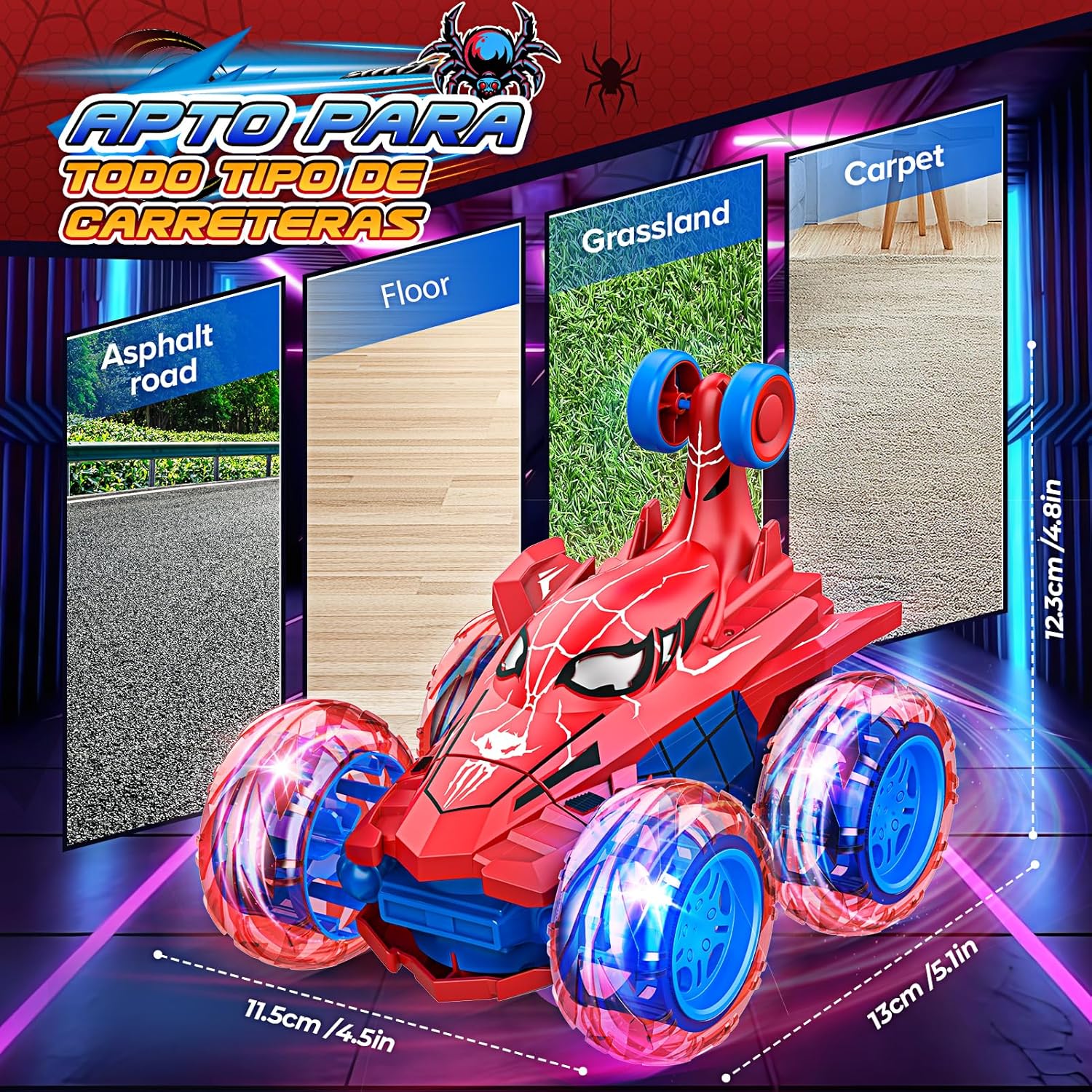 Carro Acrobático 2.4G con Luces LED en las Ruedas - Rotación 360º Spiderman