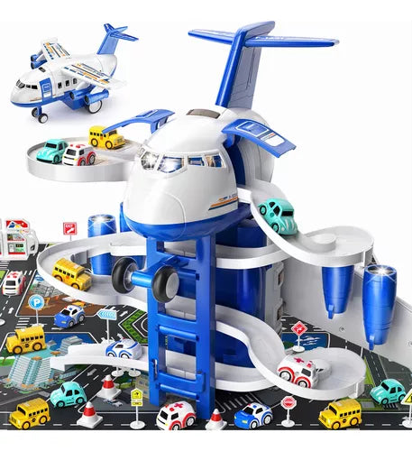 Avión de juguete para niños, plegable pista con carros de fundición a presión