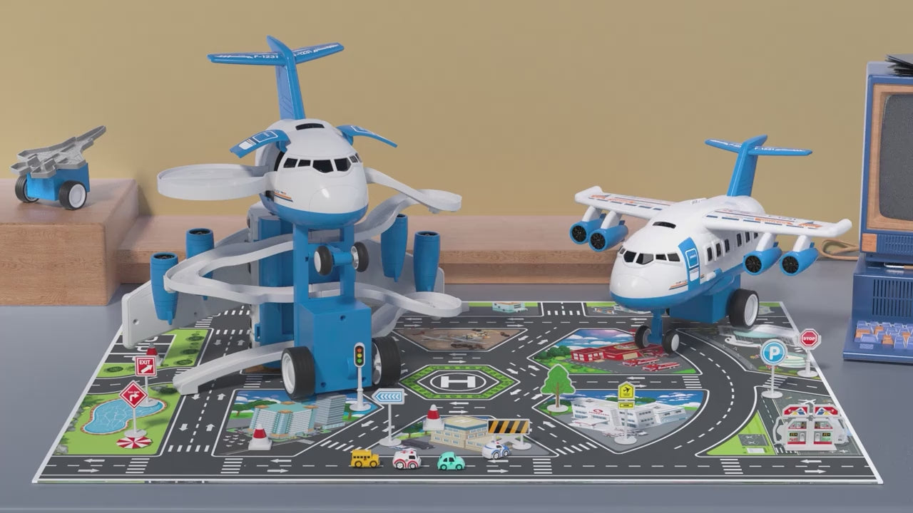 Avión de juguete para niños, plegable pista con carros de fundición a presión